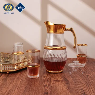 7 Pieces Golden Plating Decorative Glassware Green Flower Decal Arabic Style Decorative Glass Drinking Water Jug Set