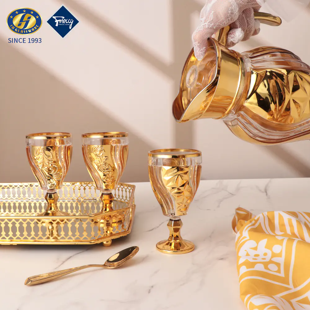 GLASSWARE Middle East Spray Color 1.5L Jug + 9Oz Cups 7Pcs Glass Pitcher Set Tea Juice Water Filter Jug for Promotional Gift