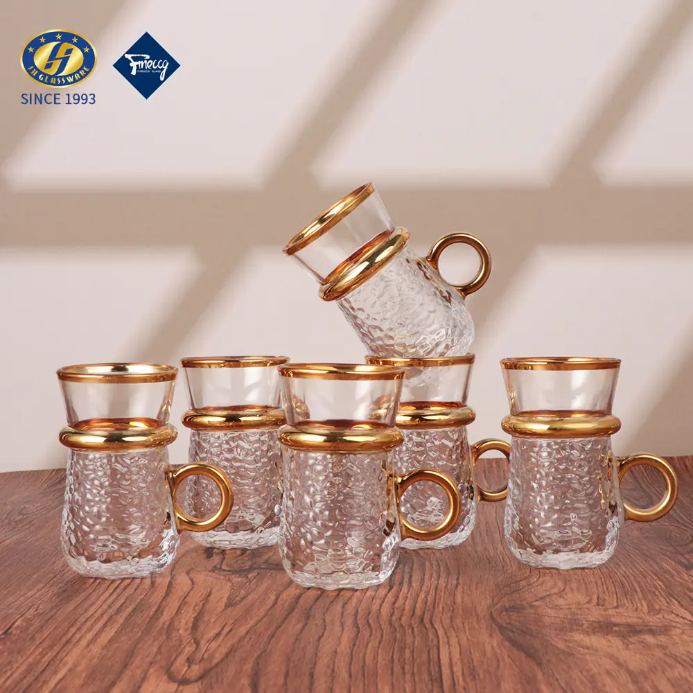 Factory Wholesale High Quality 6Pcsset Coated Golden Espresso Cup Turkish Tea Glass Cups Set With PVC Packing