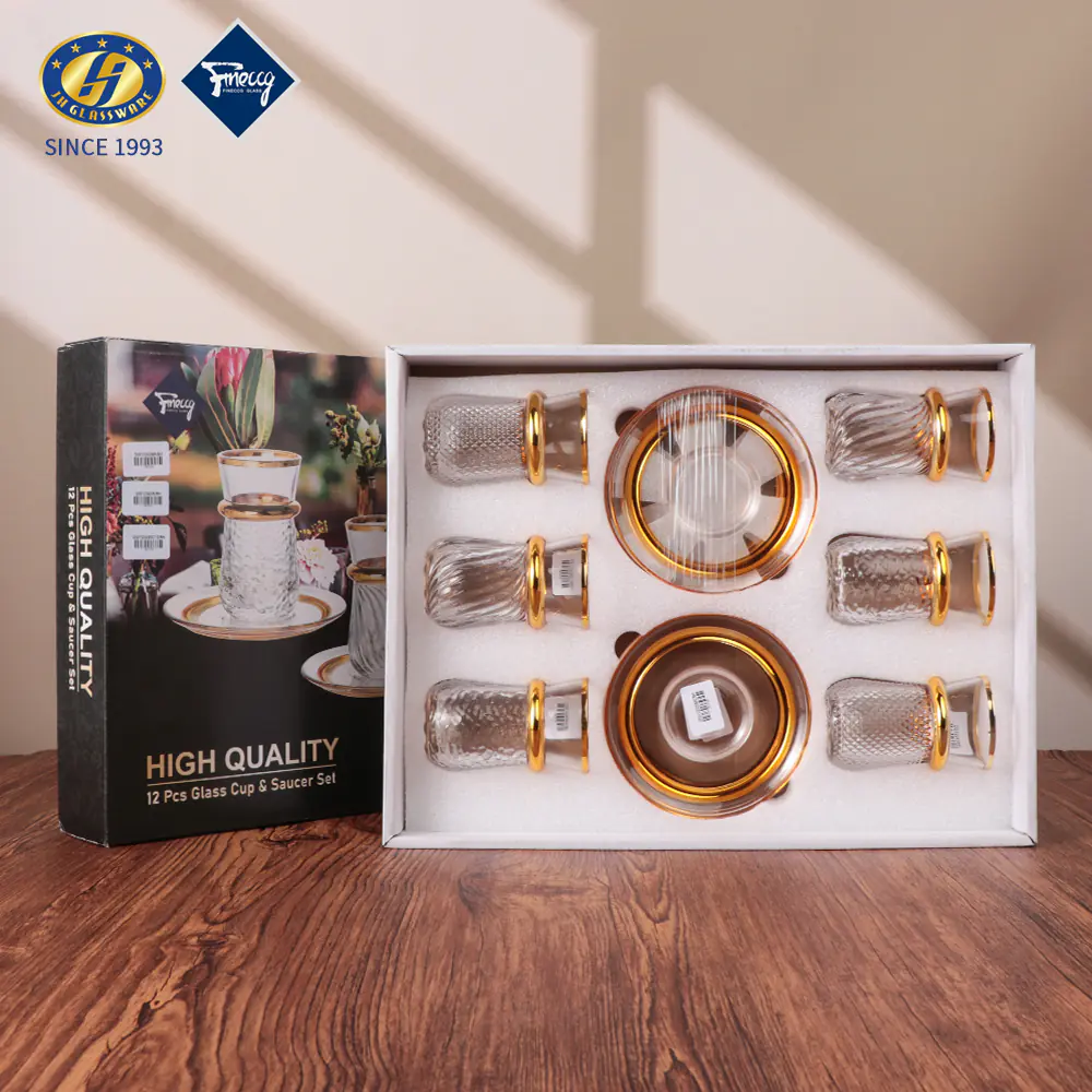 Waist Coffee Glass Cup Sets Plated Gold Metal Decoration for Tea Coffee Arabic Turkish Style