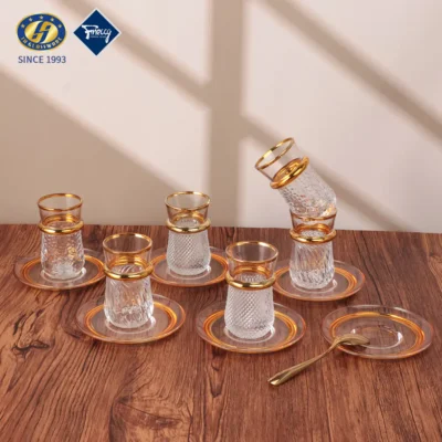 Waist Coffee Glass Cup Sets Plated Gold Metal Decoration for Tea Coffee Arabic Turkish Style