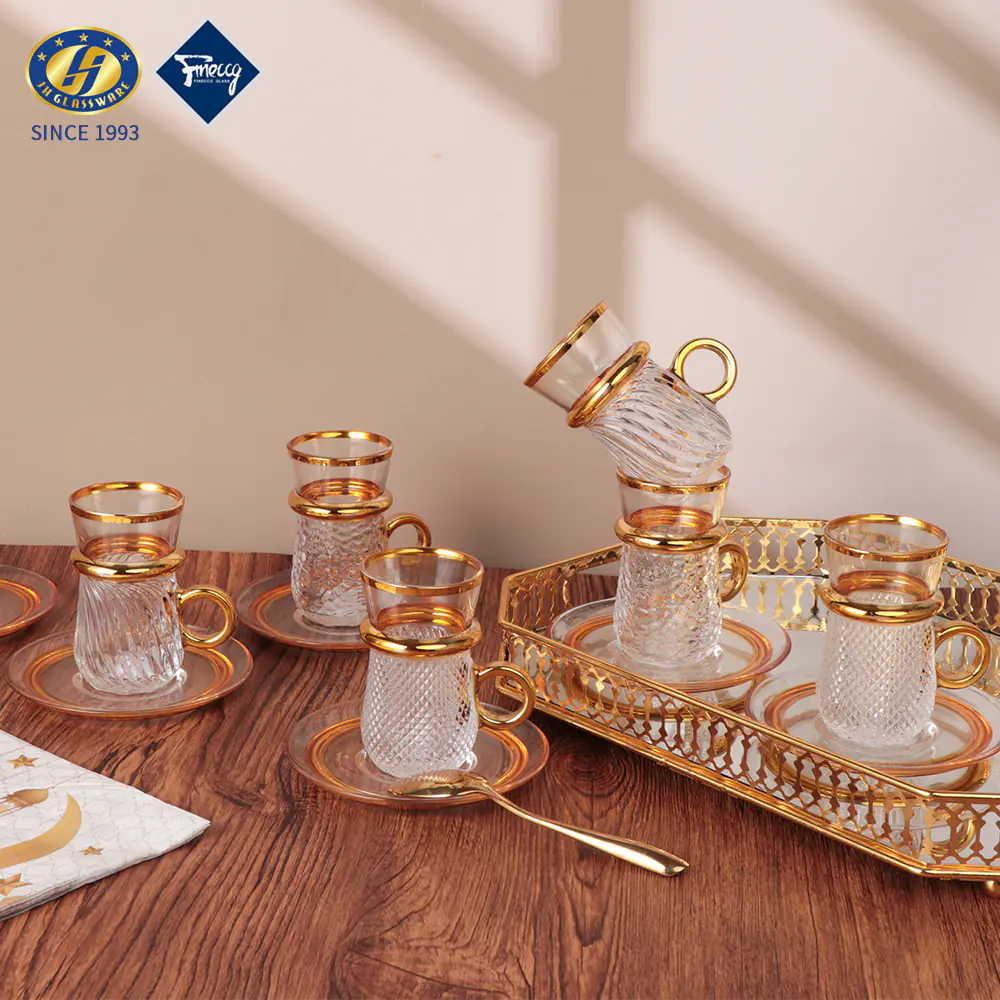 Gold Rim Turkish Tea Cups With Gold Glass Saucer Set Arabic Saudi Middle-East Dubai Glass Tea Set With Tray Tea Cup Saucer Set