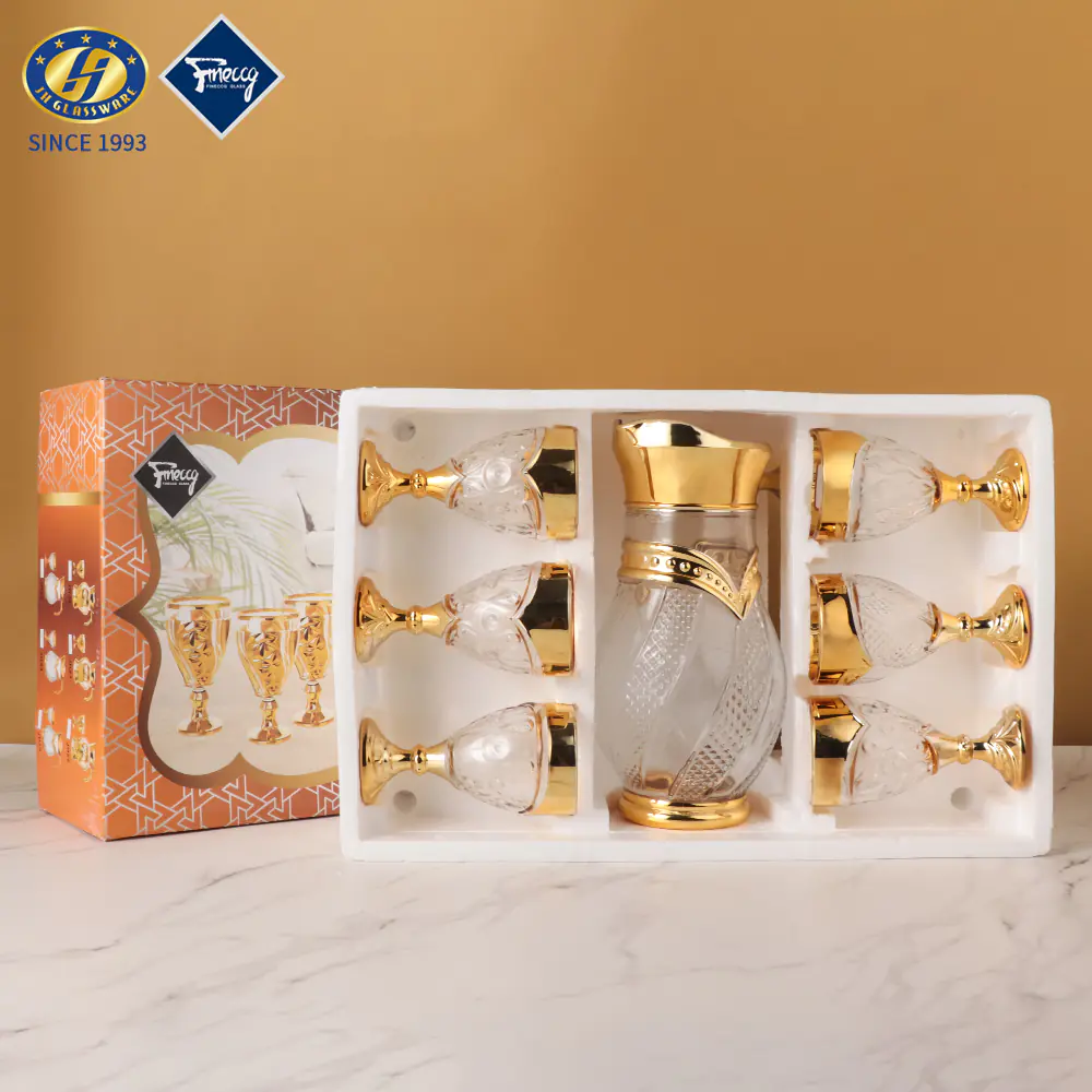 JINGHUANG Promotional Gifts Golden Design 6Pcs Glass Tumbler + 1 Pcs Water Jug Glassware Sets Wine Glass Set Glass Set With Jug